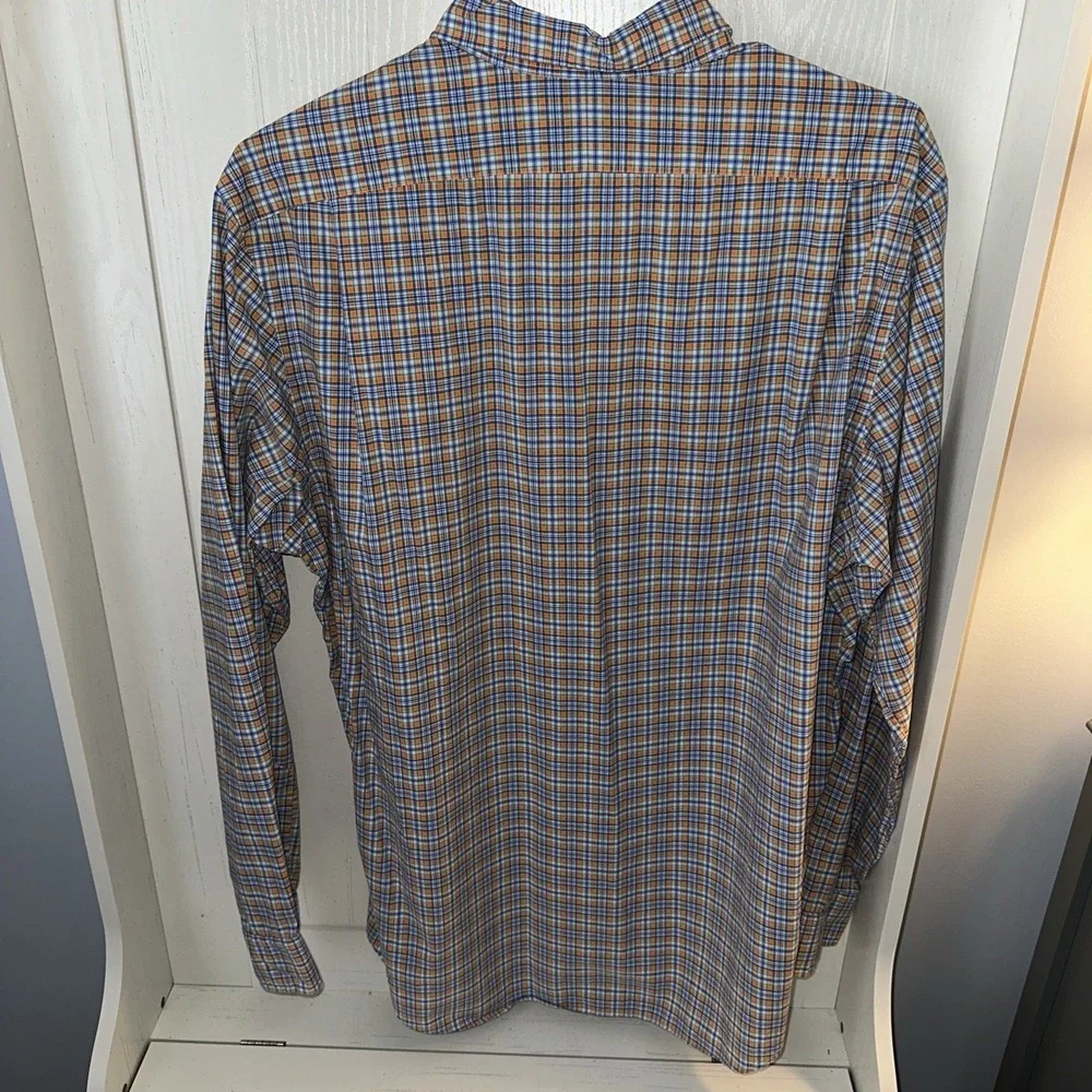 Polo Ralph Lauren Mens Button Down Plaid XL 100%Cotton Stretch Orange Blue
